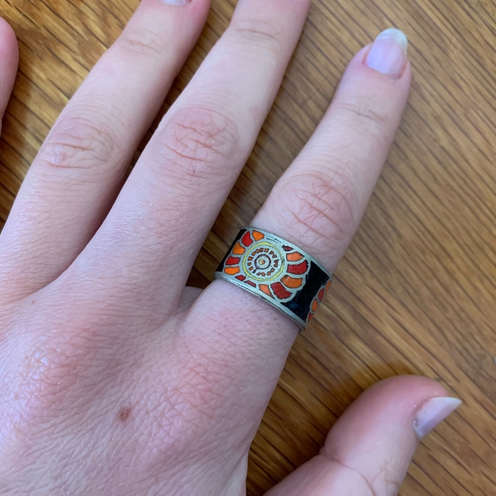 Vintage hand painted sterling silver ring